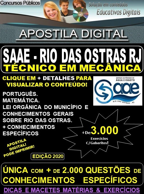 Apostila SAAE de RIO DAS OSTRAS RJ - TÉCNICO em MECÂNICA - Teoria + 3.000 Exercícios - Concurso 2020