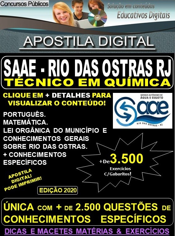 Apostila SAAE de RIO DAS OSTRAS RJ - TÉCNICO em QUÍMICA - Teoria + 3.500 Exercícios - Concurso 2020