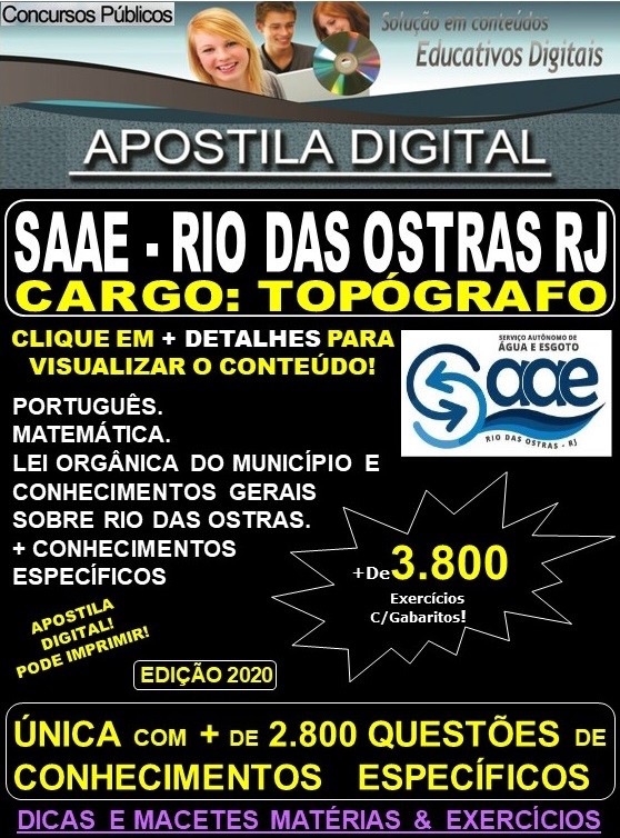 Apostila SAAE de RIO DAS OSTRAS RJ - TOPÓGRAFO - Teoria + 3.800 Exercícios - Concurso 2020