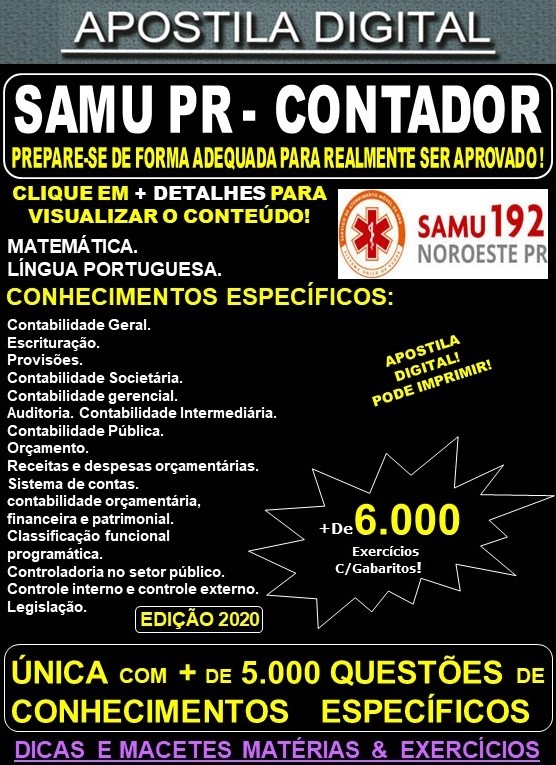 Apostila SAMU PR - CONTADOR - Teoria + 6.000 Exercícios - Concurso 2020