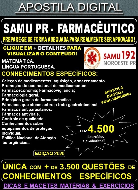 Apostila SAMU PR - FARMACÊUTICO - Teoria + 4.500 Exercícios - Concurso 2020