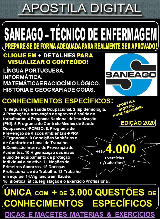 Apostila SANEAGO - TÉCNICO em ENFERMAGEM do TRABALHO - Teoria + 4.000 Exercícios - Concurso 2020