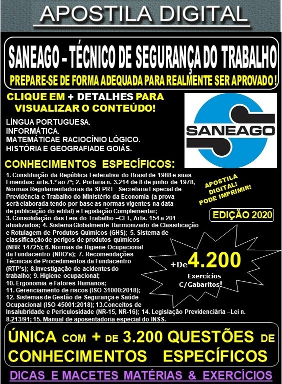 Apostila SANEAGO - TÉCNICO em SEGURANÇA do TRABALHO - Teoria + 4.200 Exercícios - Concurso 2020
