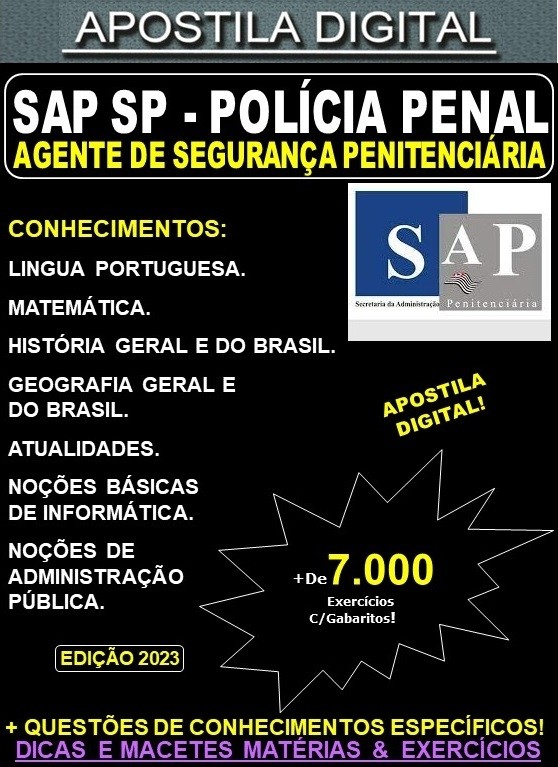 Apostila SAP SP - AGENTE de SEGURANÇA PENITENCIÁRIA de CLASSE I - Teoria + 7.000 Exercícios - Concurso 2023