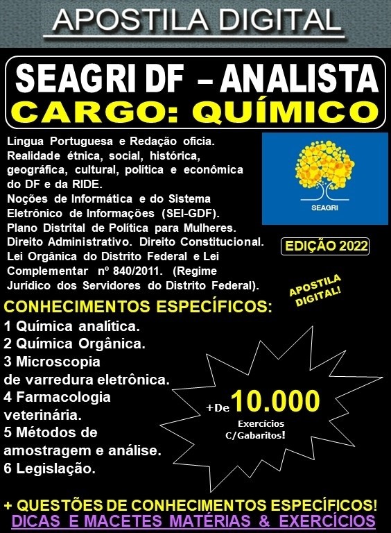 Apostila SEAGRI DF - Analista de Desenvolvimento e Fiscalização Agropecuária - QUÍMICO - Teoria + 10.000 Exercícios - Concurso 2022