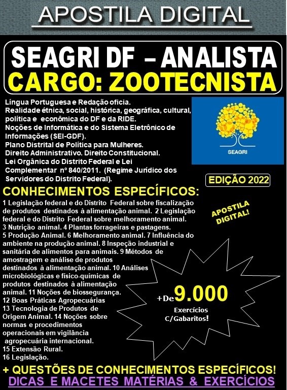 Apostila SEAGRI DF - Analista de Desenvolvimento e Fiscalização Agropecuária - ZOOTECNISTA - Teoria + 9.000 Exercícios - Concurso 2022