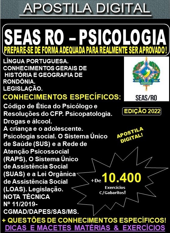 Apostila SEAS RO - PSICOLOGIA - Teoria + 10.400 Exercícios - Concurso 2022