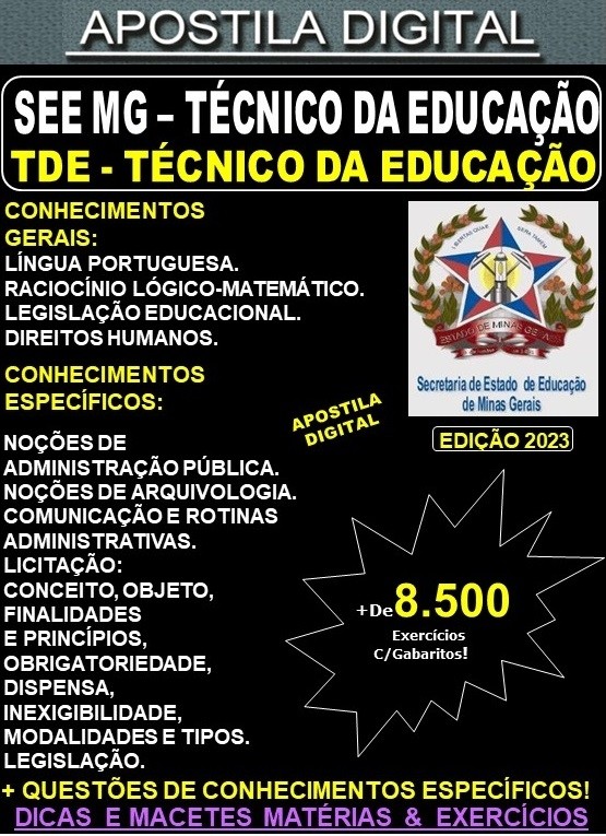Apostila SEE MG - TÉCNICO DA EDUCAÇÃO - Teoria + 8.500 Exercícios - Concurso 2023