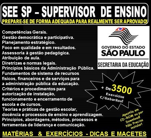 Apostila SEE SP - SUPERVISOR DE ENSINO - Teoria + 3.500 Exercícios - Concurso 2018
