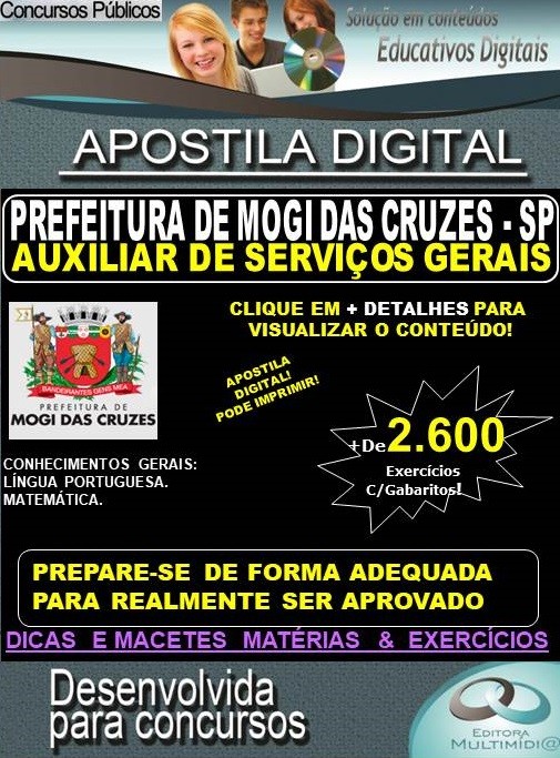 Apostila Prefeitura de MOGI DAS CRUZES SP - AUXILIAR DE SERVIÇOS GERAIS - Teoria + 2.600 exercícios - Concurso 2020