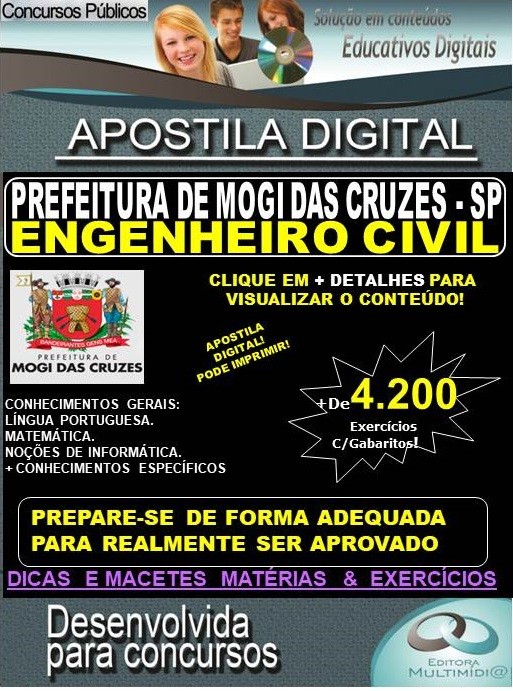 Apostila Prefeitura de MOGI DAS CRUZES SP - ENGENHEIRO CIVIL - Teoria + 4.200 exercícios - Concurso 2020