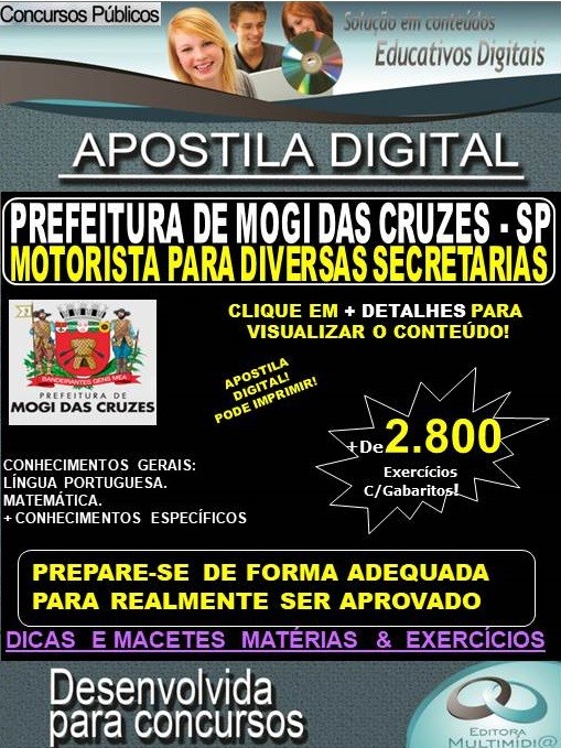 Apostila Prefeitura de MOGI DAS CRUZES SP - MOTORISTA - Teoria + 2.800 exercícios - Concurso 2020