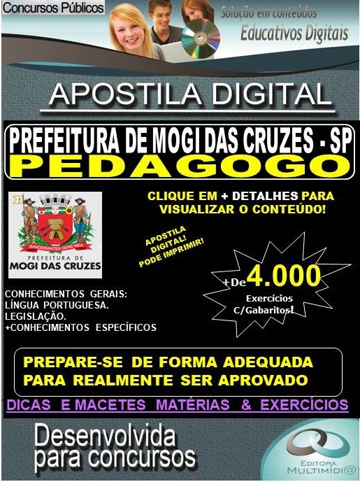 Apostila Prefeitura de MOGI DAS CRUZES SP - PEDAGOGO - Teoria + 4.000 exercícios - Concurso 2020