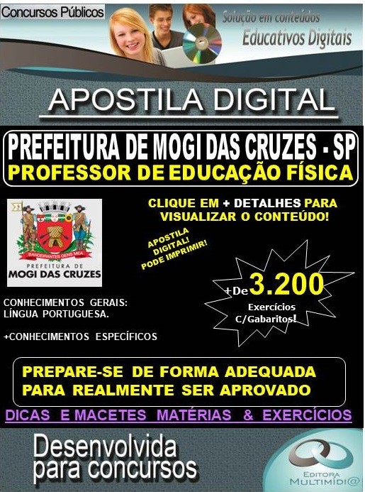 Apostila Prefeitura de MOGI DAS CRUZES SP - PROFESSOR DE EDUCAÇÃO FÍSICA - Teoria + 3.200 exercícios - Concurso 2020