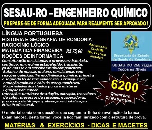 Apostila SESAU RO - ENGENHEIRO QUÍMICO - Teoria + 6.200 Exercícios - Concurso 2017