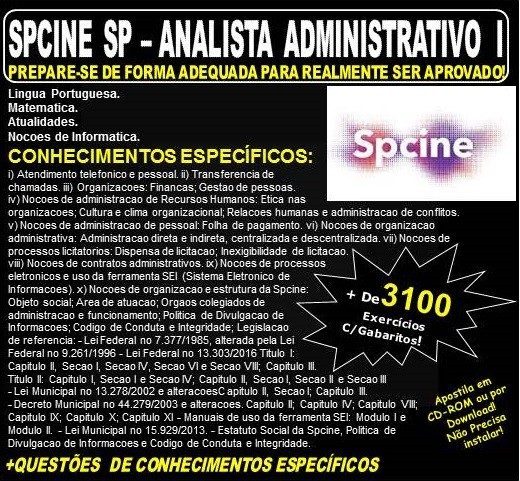 Apostila SPCINE SP - ANALISTA ADMINISTRATIVO I - Teoria + 3.100 Exercícios - Concurso 2019