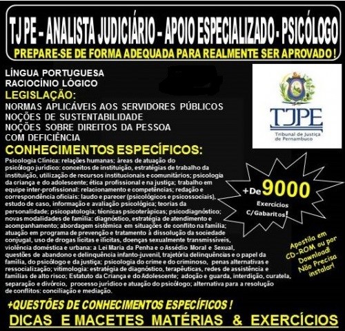 Apostila TJ PE - ANALISTA JUDICIÁRIO - Apoio Especializado - PSICÓLOGO - Teoria + 9.000 Exercícios - Concurso 2017