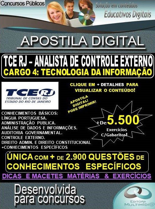 Apostila TCE RJ  - AUDITOR DE CONTROLE EXTERNO - CARGO 4: TECNOLOGIA DA INFORMAÇÃO - Teoria + 5.500 exercícios - Concurso 2020