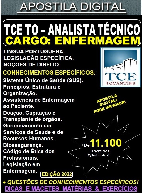 Apostila TCE TO - ANALISTA TÉCNICO - ENFERMAGEM - Teoria + 11.100 Exercícios - Concurso 2022