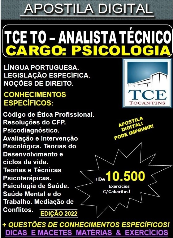 Apostila TCE TO - ANALISTA TÉCNICO - PSICOLOGIA - Teoria + 10.500 Exercícios - Concurso 2022