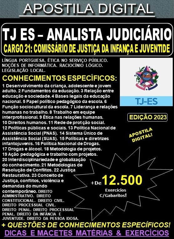 Apostila TJ ES - Cargo 21: Analista Judiciário - Área Judiciária - Especialidade: COMISSÁRIO de JUSTIÇA da INFÂNCIA e JUVENTUDE - Teoria + 12.500 Exercícios - Concurso 2023