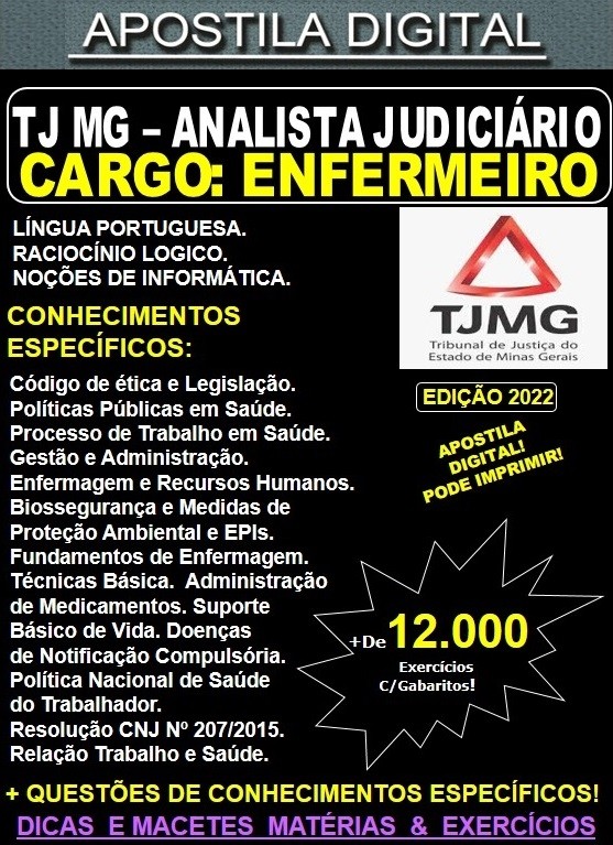 Apostila TJ MG - Analista Judiciário - ENFERMEIRO  - Teoria + 12.000 Exercícios - Concurso 2022