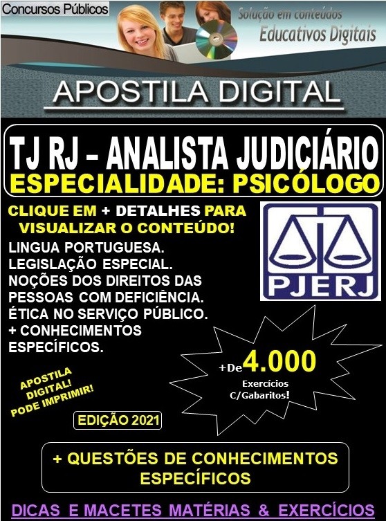 Apostila TJ RJ - Analista Judiciário - PSICÓLOGO - Teoria + 4.000 Exercícios - Concurso 2021