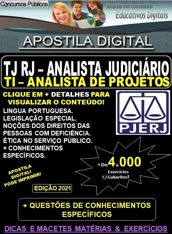 Apostila TJ RJ - Analista Judiciário - TI ANALISTA DE PROJETOS  - Teoria + 4.000 Exercícios - Concurso 2021
