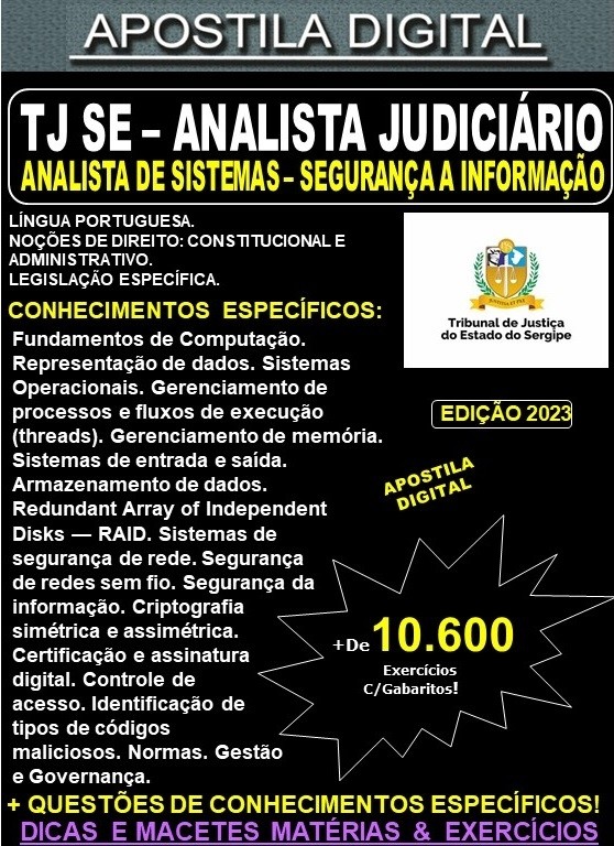 Apostila TJ SE - Analista Judiciário - ANÁLISE DE SISTEMAS - SEGURANÇA da INFORMAÇÃO - Teoria + 10.600 Exercícios - Concurso 2023