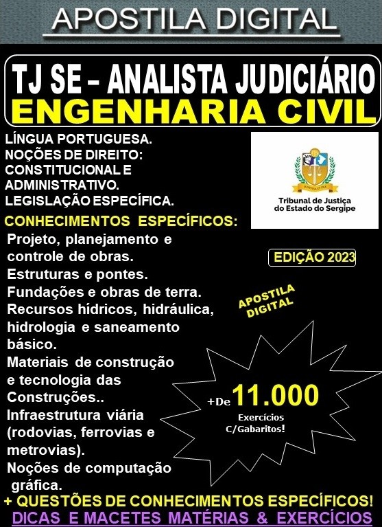 Apostila TJ SE - Analista Judiciário - ENGENHARIA CIVIL - Teoria + 11.000 Exercícios - Concurso 2023