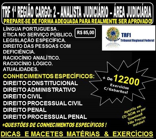 Apostila TRF 1ª REGIÃO CARGO: 2 - Analista Judiciária - Área JUDICIÁRIA - Teoria + 12.200 Exercícios - Concurso 2017