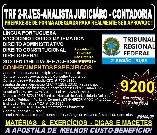 Apostila TRF 2ª REGIÃO RJ - ES - ANALISTA JUDICIÁRIO - CONTADORIA - Teoria + 9.200 Exercícios - Concurso 2016