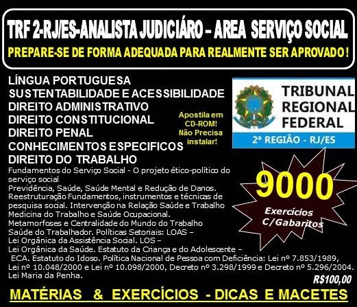 Apostila TRF 2ª REGIÃO RJ - ES - ANALISTA JUDICIÁRIO - SERVIÇO SOCIAL - Teoria + 9.000 Exercícios - Concurso 2016