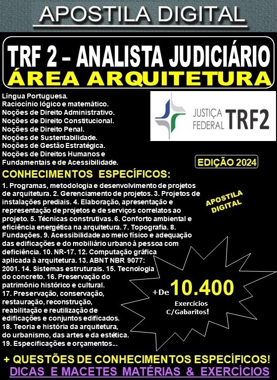 Apostila TRF2 - Analista Judiciário - ARQUITETURA - Teoria + 10.400 Exercícios - Concurso 2024