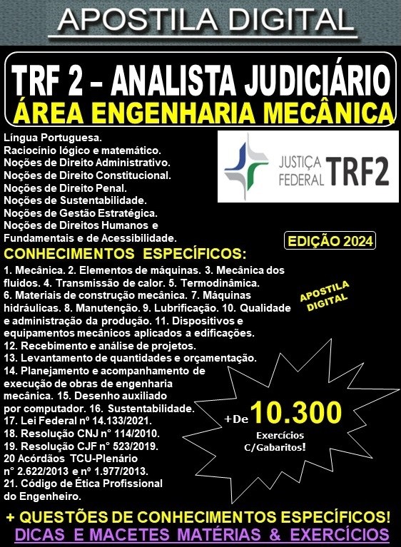 Apostila TRF2 - Analista Judiciário - ENGENHARIA MECÂNICA - Teoria + 10.300 Exercícios - Concurso 2024