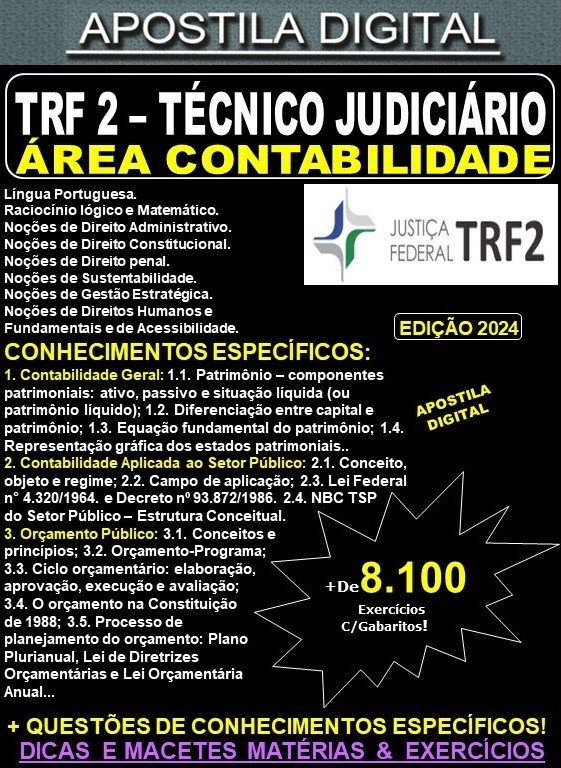 Apostila TRF2 - Técnico Judiciário - CONTABILIDADE - Teoria + 8.100 Exercícios - Concurso 2024
