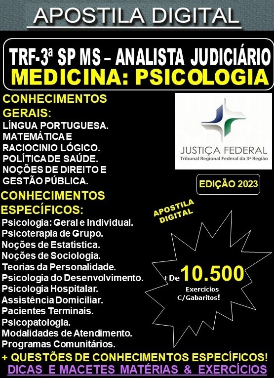 Apostila TRF 3ª Região SP MS - Analista Judiciário - PSICOLOGIA - Teoria + 10.500 Exercícios - Concurso 2023