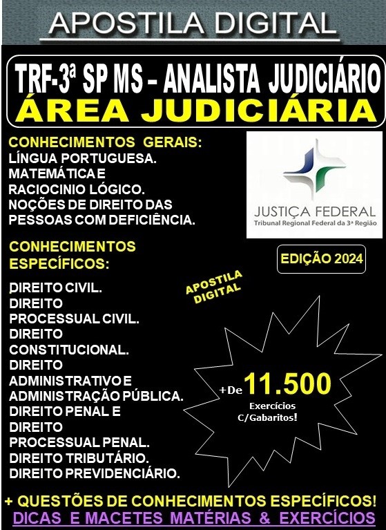 Apostila TRF3 - Analista Judiciário - Área JUDICIÁRIA - Teoria + 11.500 Exercícios - Concurso 2024