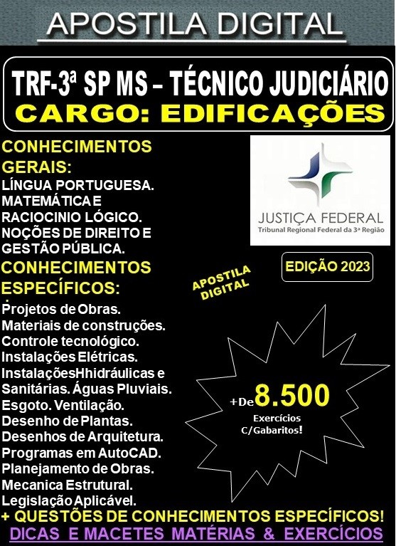 Apostila TRF 3ª Região SP MS - Técnico Judiciário -  EDIFICAÇÕES - Teoria + 8.500 Exercícios - Concurso 2023