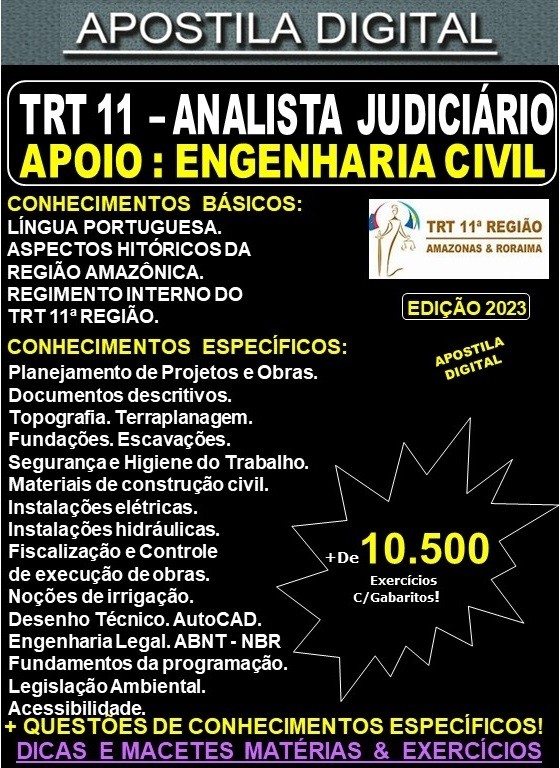 Apostila TRT 11 - Analista Judiciário - ENGENHARIA CIVIL - Teoria + 10.500 Exercícios - Concurso 2023