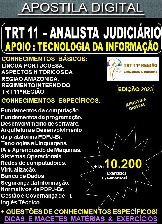 Apostila TRT 11 - Analista Judiciário - TECNOLOGIA da INFORMAÇÃO - Teoria + 10.200 Exercícios - Concurso 2023