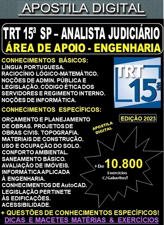 Apostila TRT SP 15ª Região - Analista Judiciário - ENGENHARIA - Teoria + 10.800 Exercícios - Concurso 2023
