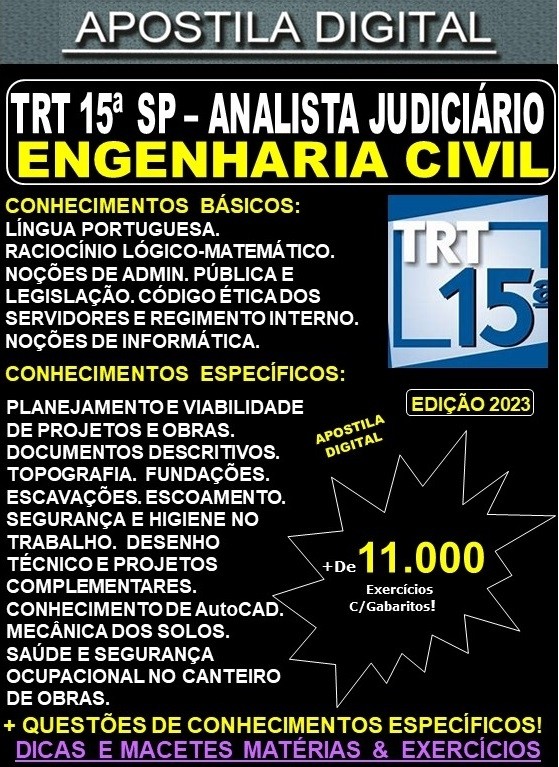 Apostila TRT SP 15ª Região - Analista Judiciário - ENGENHARIA CIVIL - Teoria +11.000 Exercícios - Concurso 2023