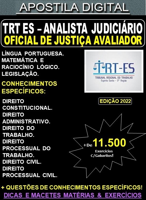 Apostila TRT ES 17ª Região - Analista Judiciário - Área OFICIAL de JUSTIÇA AVALIADOR FEDERAL - Teoria + 11.500 Exercícios - Concurso 2022