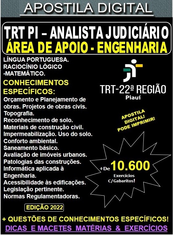 Apostila TRT PI - ANALISTA JUDICIÁRIO - Área ENGENHARIA  - Teoria + 10.600 Exercícios - Concurso 2022