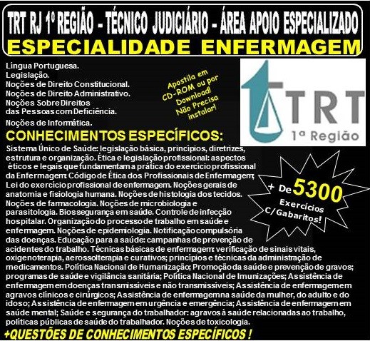 Apostila TRT RJ 1ª Região - TÉCNICO JUDICIÁRIO - Área De Apoio Especializado - Especialidade ENFERMAGEM - Teoria + 5.300 Exercícios - Concurso 2018