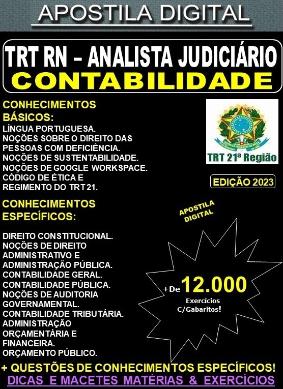 Apostila TRT RN - Analista Judiciária - CONTABILIDADE - Teoria + 12.000 Exercícios - Concurso 2023