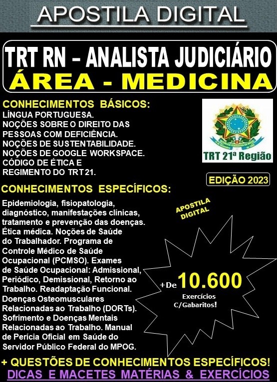 Apostila TRT RN - Analista Judiciária - MEDICINA - Teoria + 10.600 Exercícios - Concurso 2023