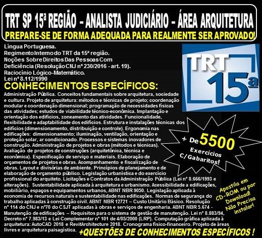 Apostila TRT SP 15ª Região - ANALISTA JUDICIÁRIO - Área Apoio Especializado ARQUITETURA - Teoria + 5.500 Exercícios - Concurso 2018 