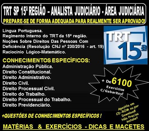 Apostila TRT SP 15ª Região - ANALISTA JUDICIÁRIO - Área JUDICIÁRIA - Teoria + 6.100 Exercícios - Concurso 2018